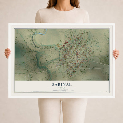 Map of Sabinal, Texas, 24 x 36 inch print in a white wood frame