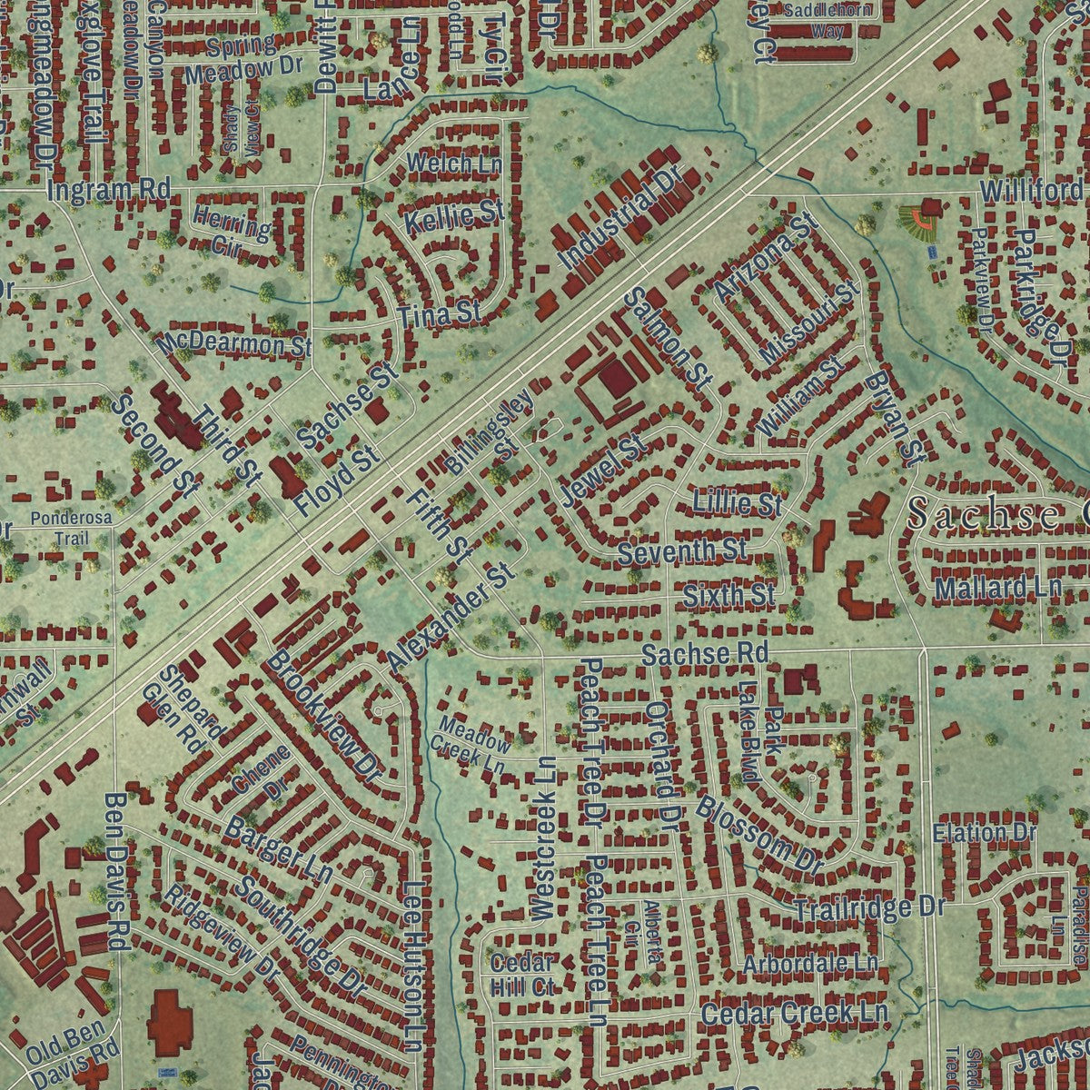 Close-up of the map of Sachse, Texas print showing street and building detail