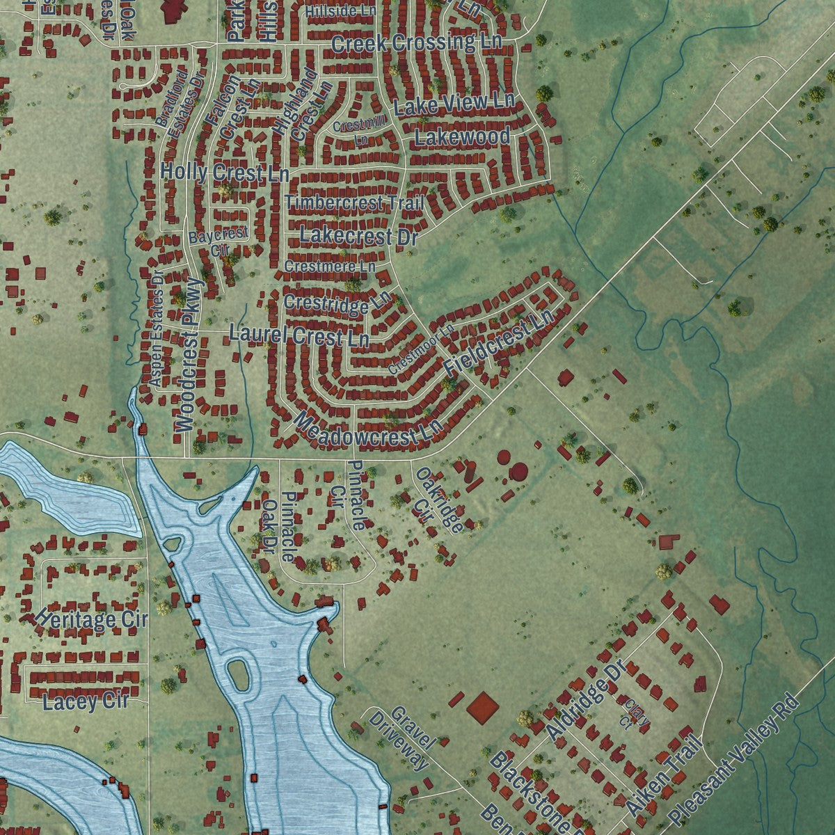 Second close-up of the map of Sachse, Texas print showing more streets and buildings