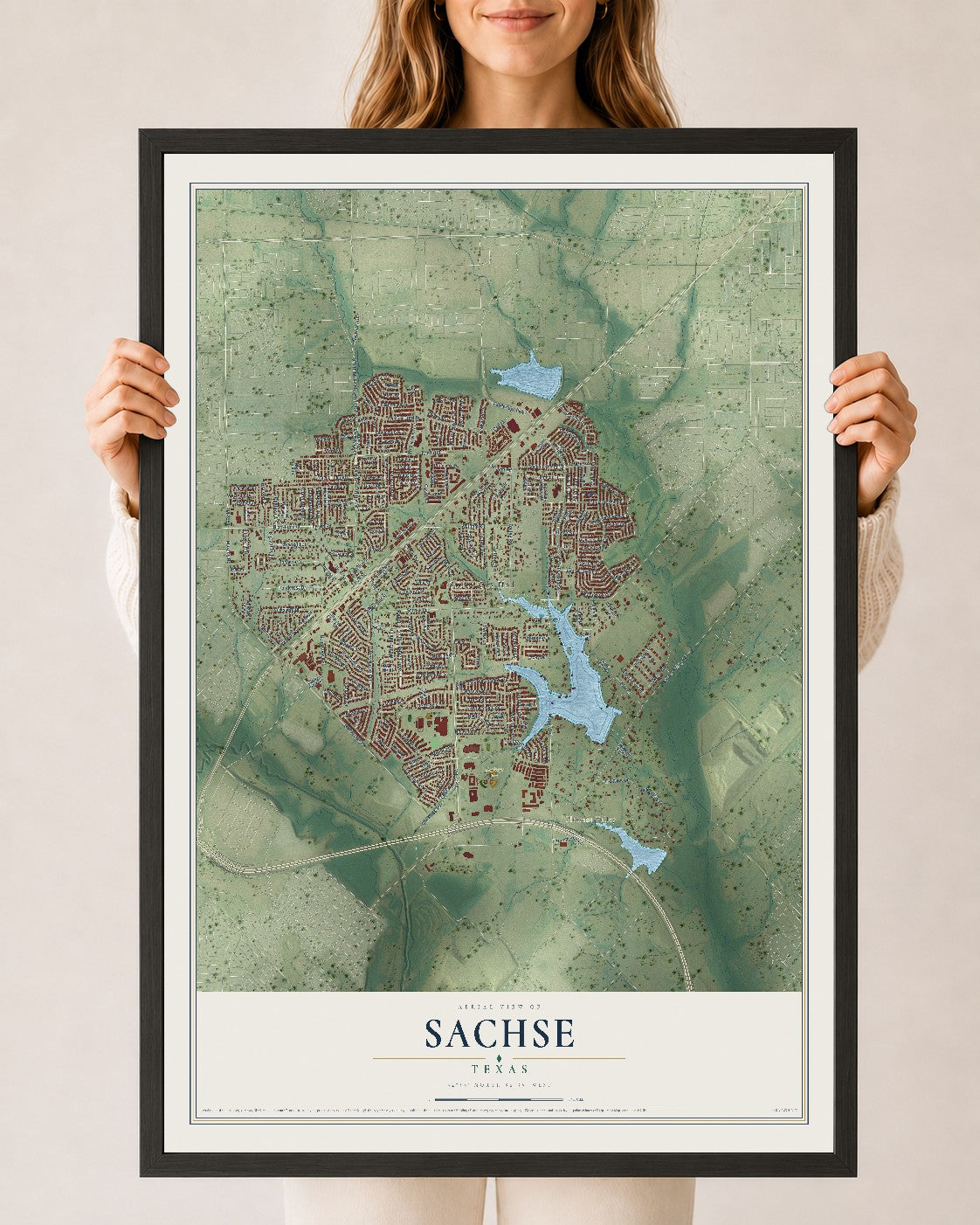 Map of Sachse, Texas, 24 x 36 inch print in a black wood frame