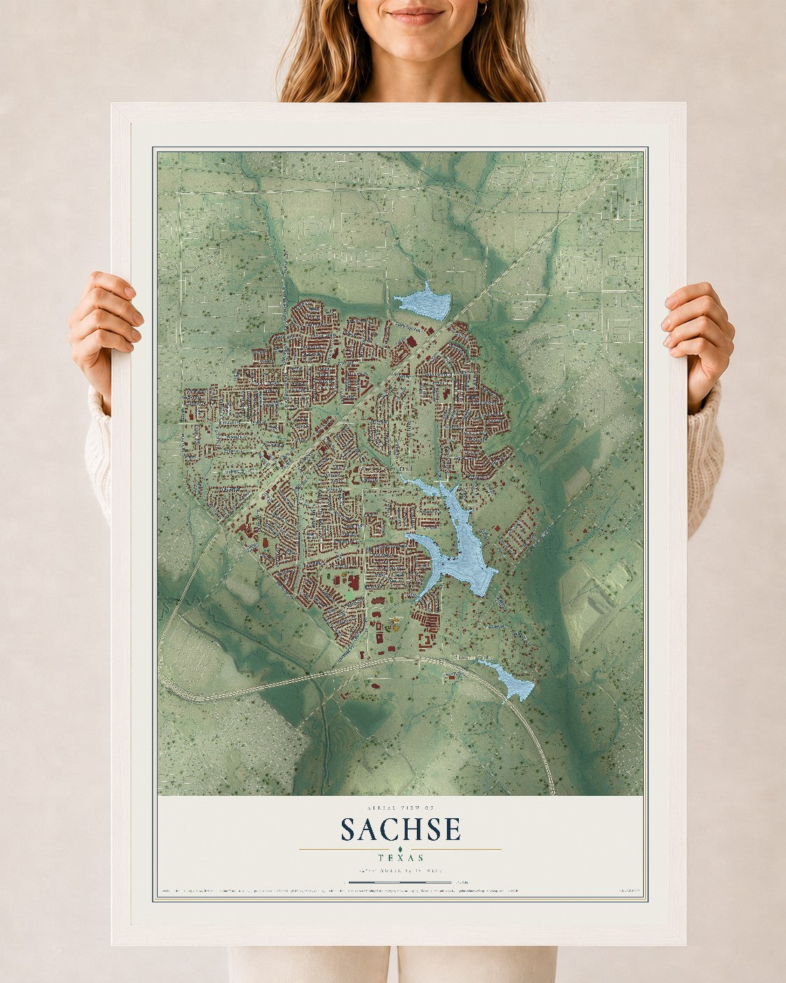 Map of Sachse, Texas, 24 x 36 inch print in a white wood frame