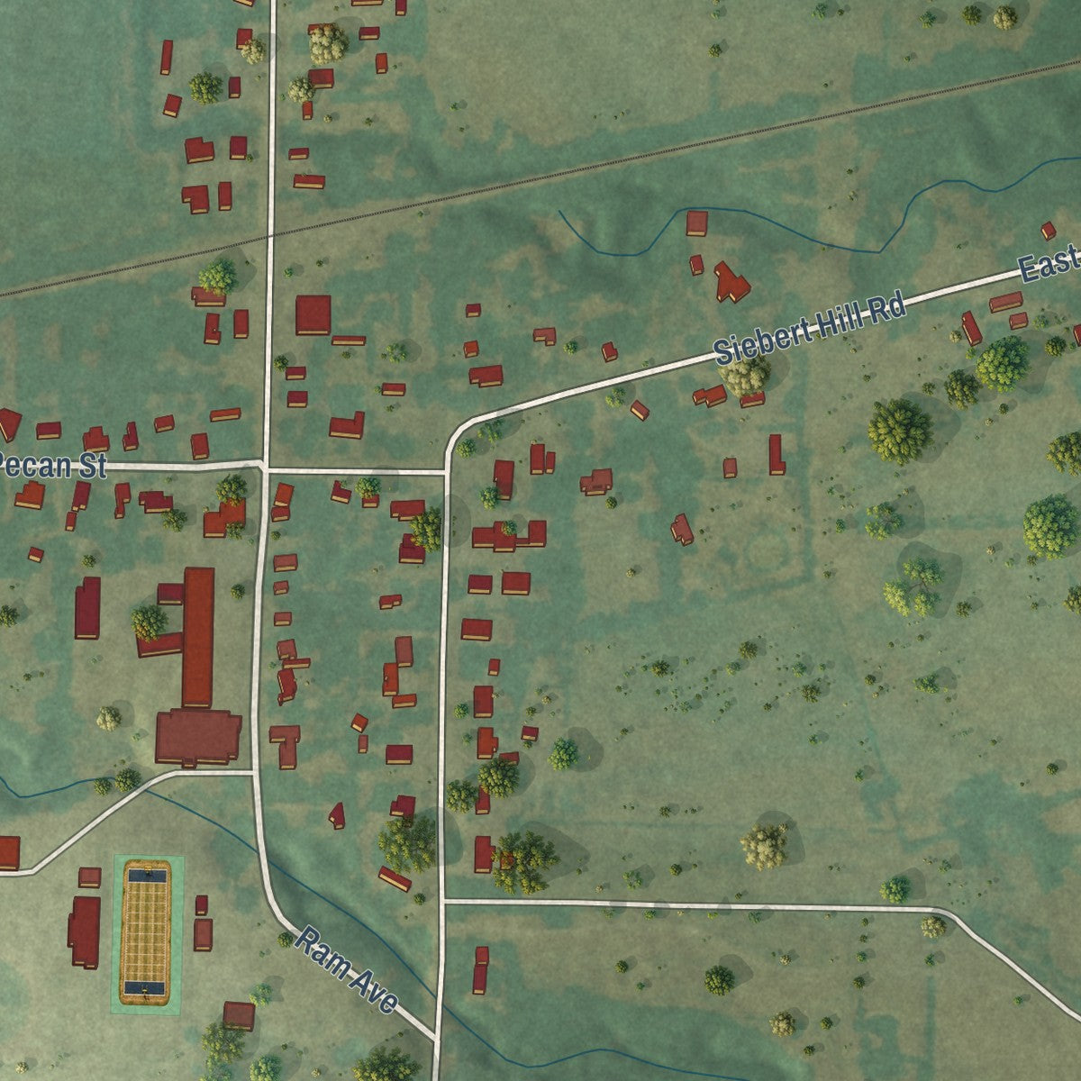 Close-up of the map of Sadler, Texas print showing street and building detail