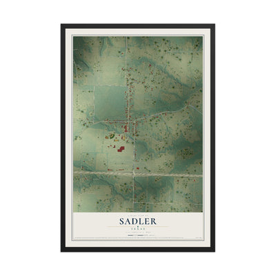 Map of Sadler, Texas, 12 x 18 inch print in a black wood frame