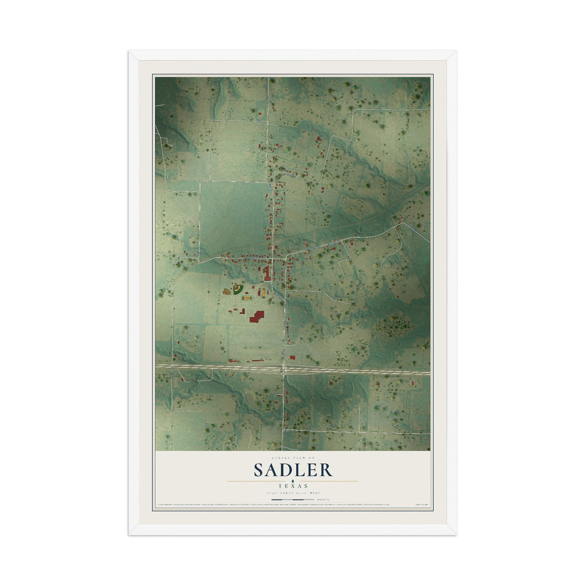 Map of Sadler, Texas, 12 x 18 inch print in a white wood frame