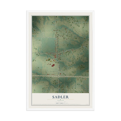 Map of Sadler, Texas, 12 x 18 inch print in a white wood frame