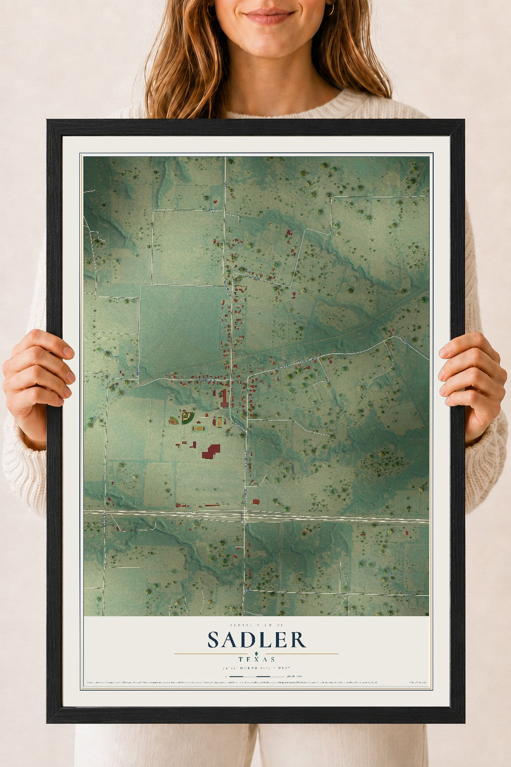 Map of Sadler, Texas, 18 x 24 inch print in a black wood frame