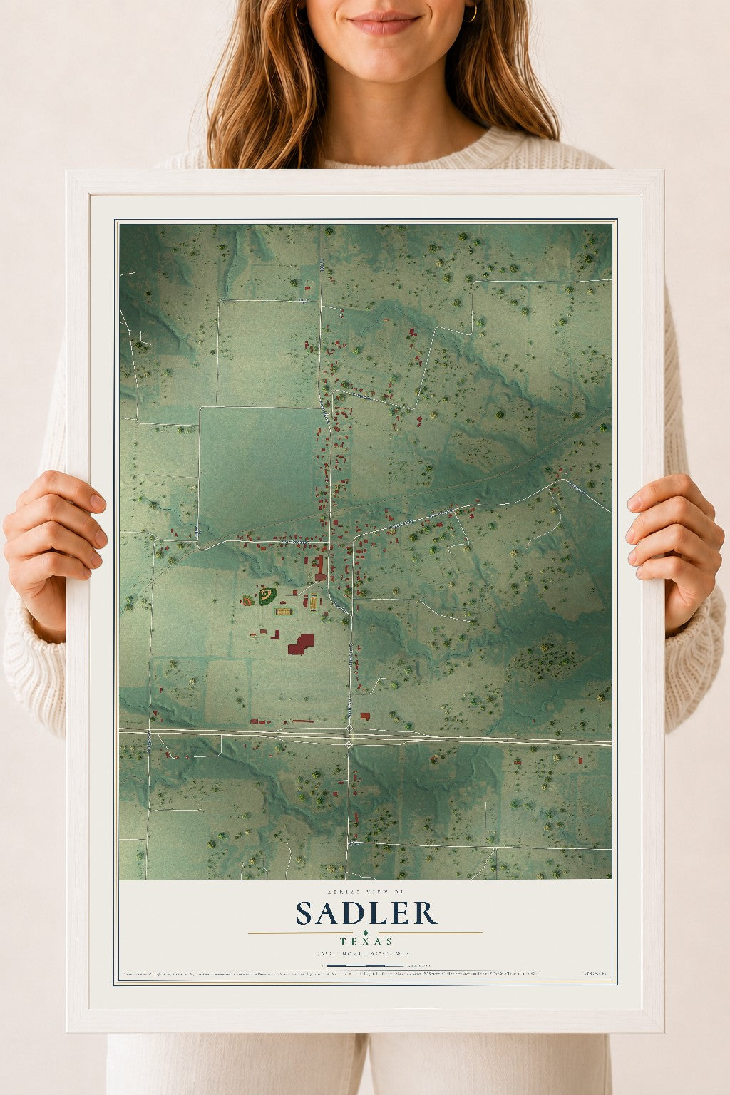 Map of Sadler, Texas, 18 x 24 inch print in a white wood frame