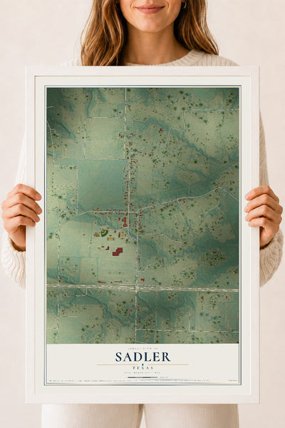 Map of Sadler, Texas, 18 x 24 inch print in a white wood frame