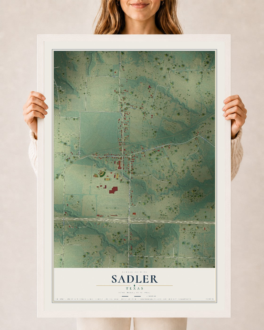 Map of Sadler, Texas, 24 x 36 inch print in a white wood frame