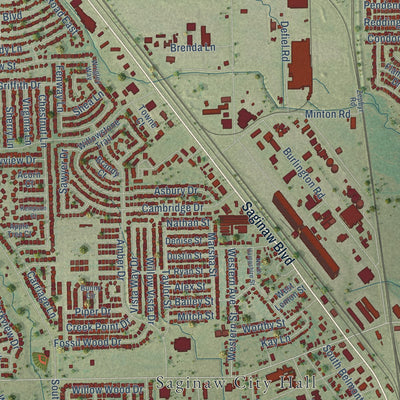 Close-up of the map of Saginaw, Texas print showing street and building detail