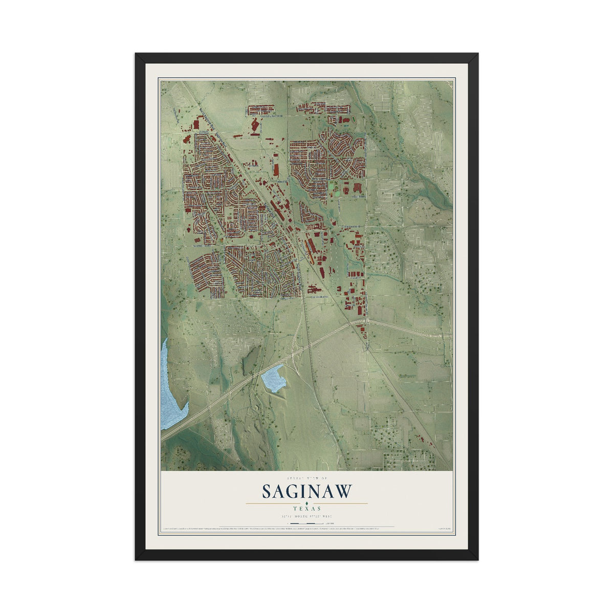 Map of Saginaw, Texas, 12 x 18 inch print in a black wood frame