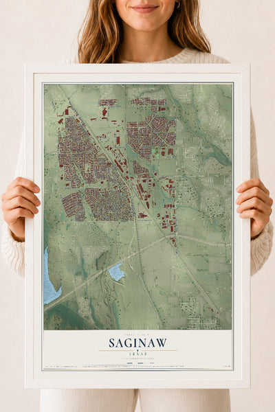 Map of Saginaw, Texas, 18 x 24 inch print in a white wood frame