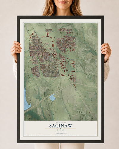 Map of Saginaw, Texas, 24 x 36 inch print in a black wood frame