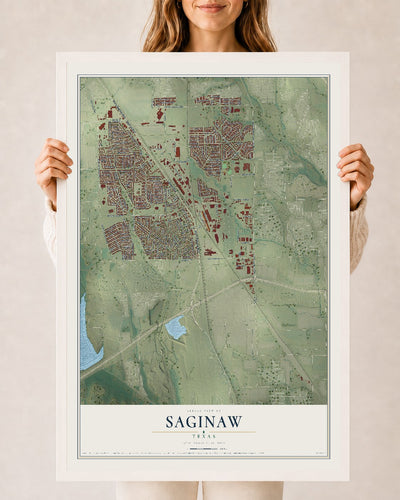 Map of Saginaw, Texas, 24 x 36 inch print in a white wood frame