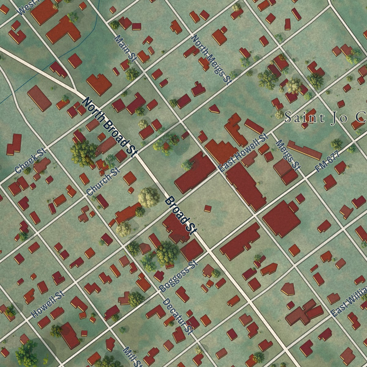 Close-up of the map of Saint Jo, Texas print showing street and building detail