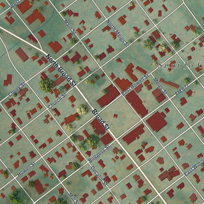 Close-up of the map of Saint Jo, Texas print showing street and building detail