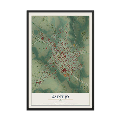 Map of Saint Jo, Texas, 12 x 18 inch print in a black wood frame