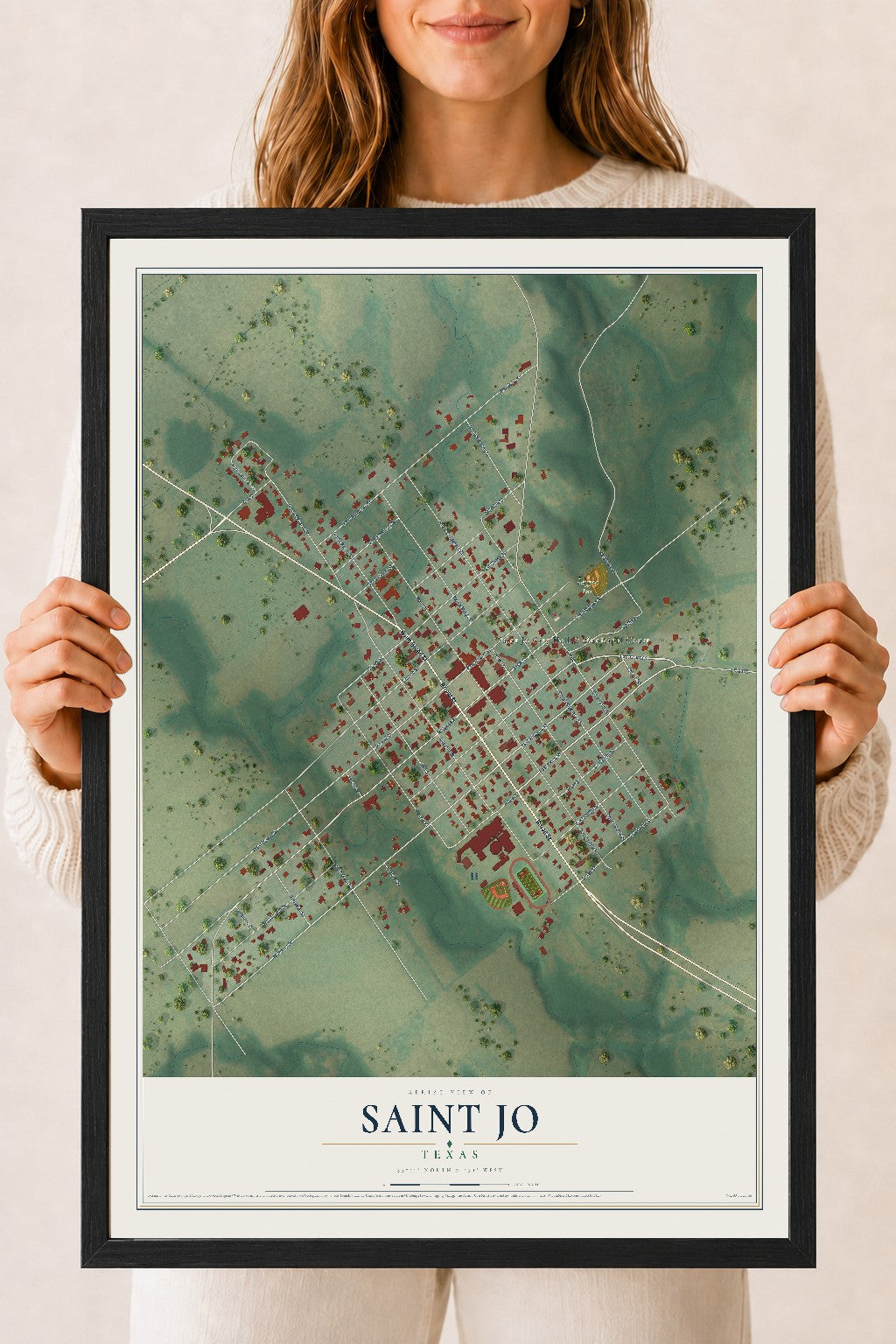 Map of Saint Jo, Texas, 18 x 24 inch print in a black wood frame