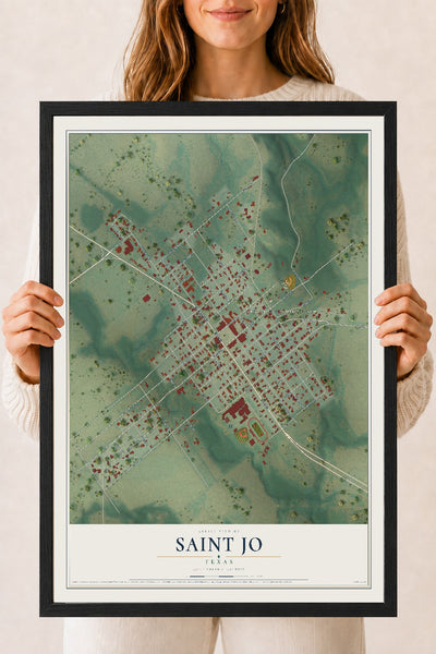 Map of Saint Jo, Texas, 18 x 24 inch print in a black wood frame