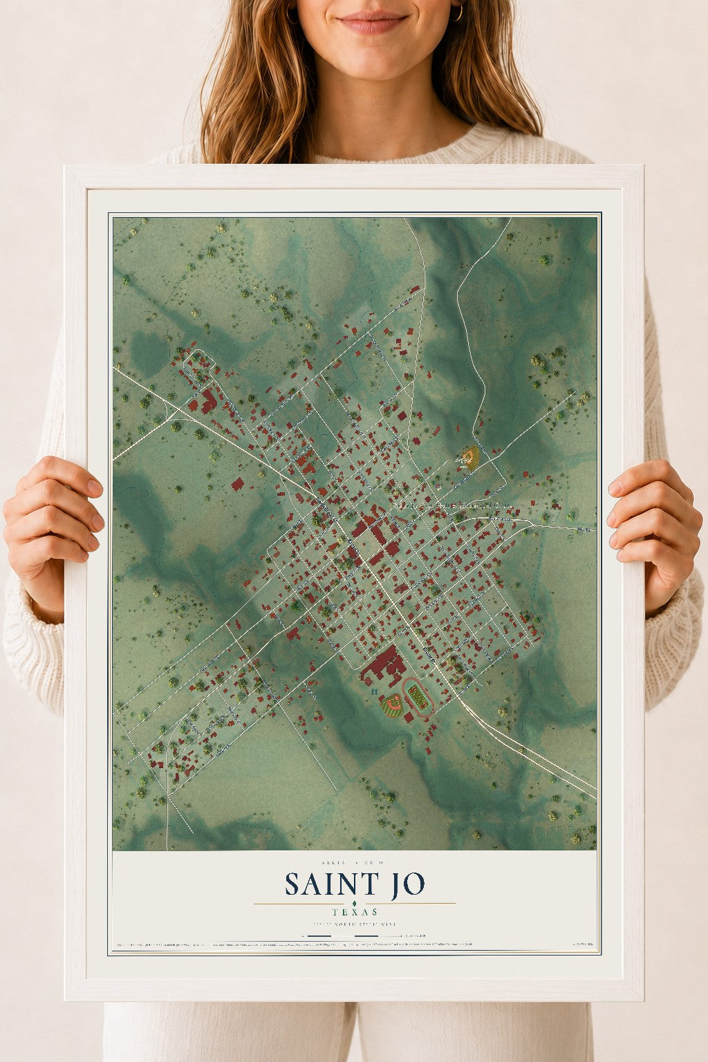 Map of Saint Jo, Texas, 18 x 24 inch print in a white wood frame