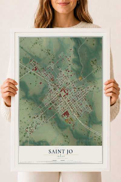 Map of Saint Jo, Texas, 18 x 24 inch print in a white wood frame