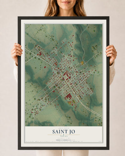 Map of Saint Jo, Texas, 24 x 36 inch print in a black wood frame
