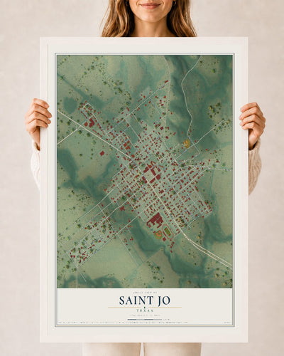 Map of Saint Jo, Texas, 24 x 36 inch print in a white wood frame