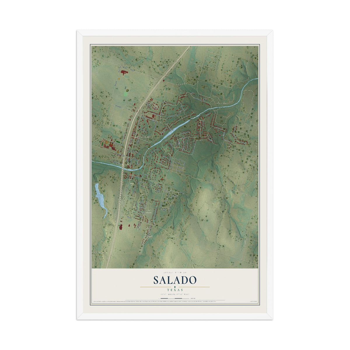 Map of Salado, Texas, 12 x 18 inch print in a white wood frame