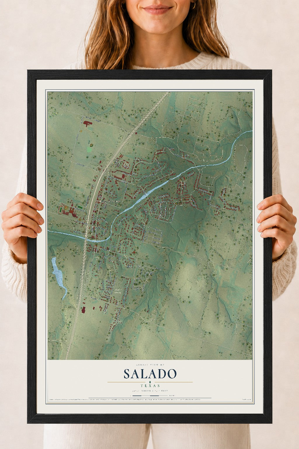 Map of Salado, Texas, 18 x 24 inch print in a black wood frame