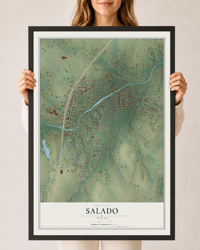 Map of Salado, Texas, 24 x 36 inch print in a black wood frame