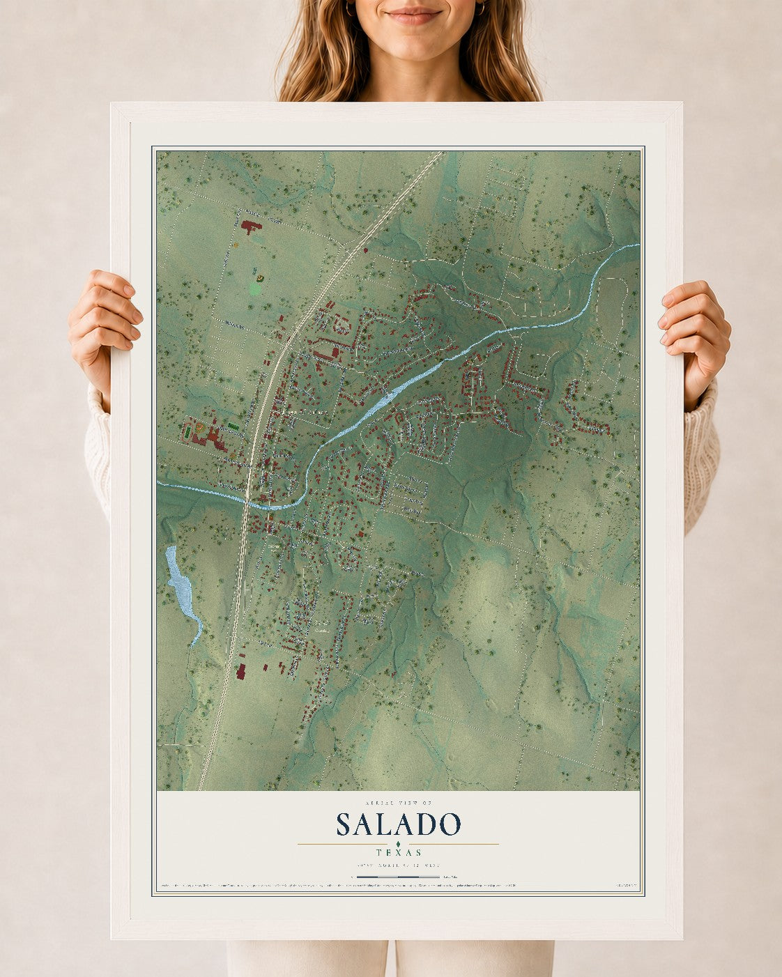 Map of Salado, Texas, 24 x 36 inch print in a white wood frame
