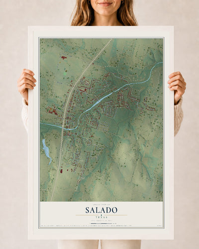 Map of Salado, Texas, 24 x 36 inch print in a white wood frame