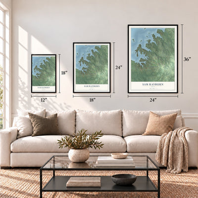 Sam Rayburn, Texas map in 12 x 18, 18 x 24 and 24 x 36 inch sizes above a sofa