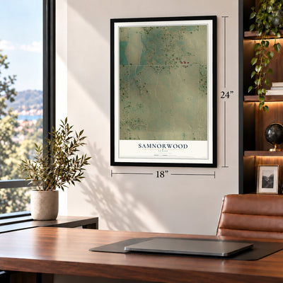 Samnorwood, Texas map, 18 x 24 inch print in a black frame in a home office