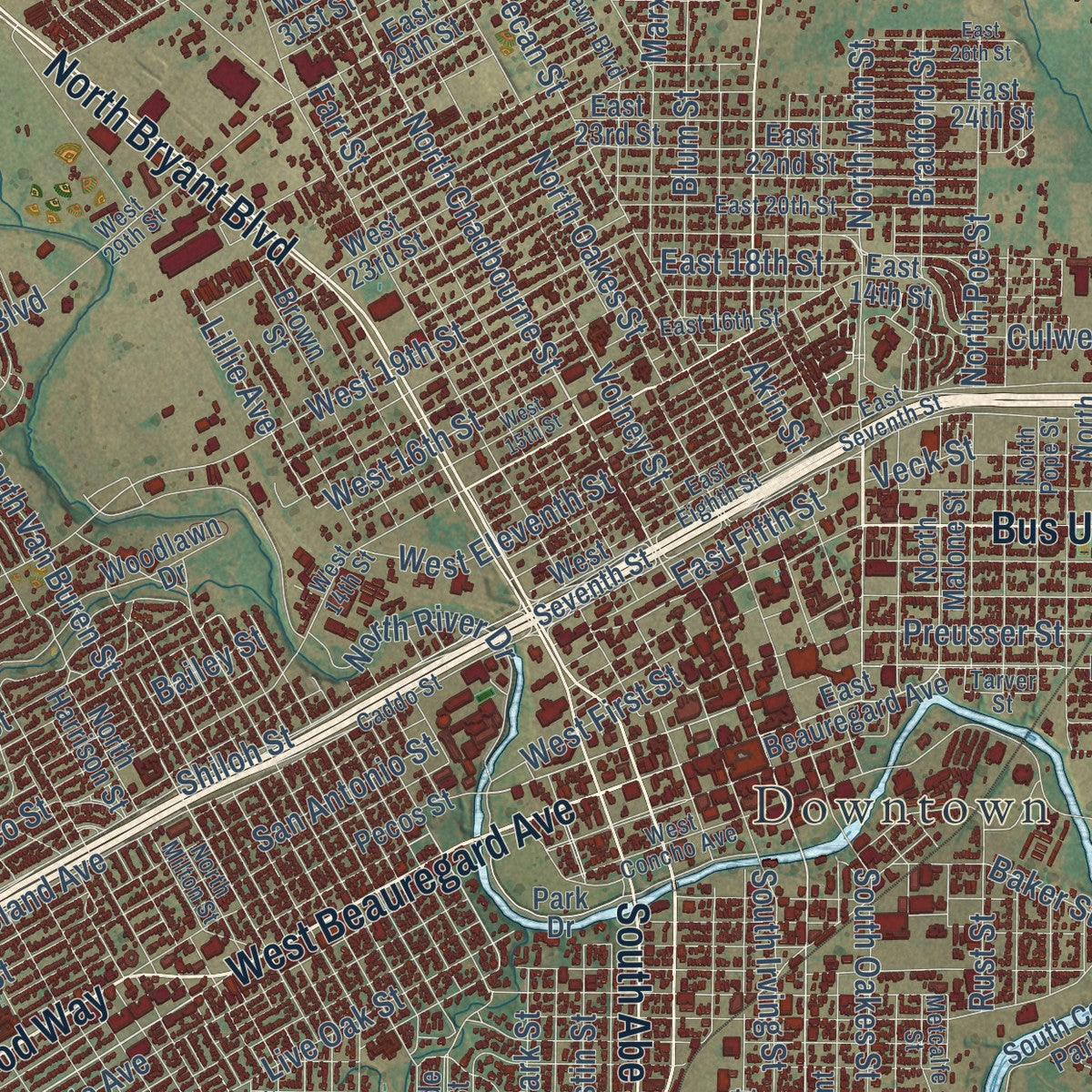 Close-up of the map of San Angelo, Texas print showing street and building detail
