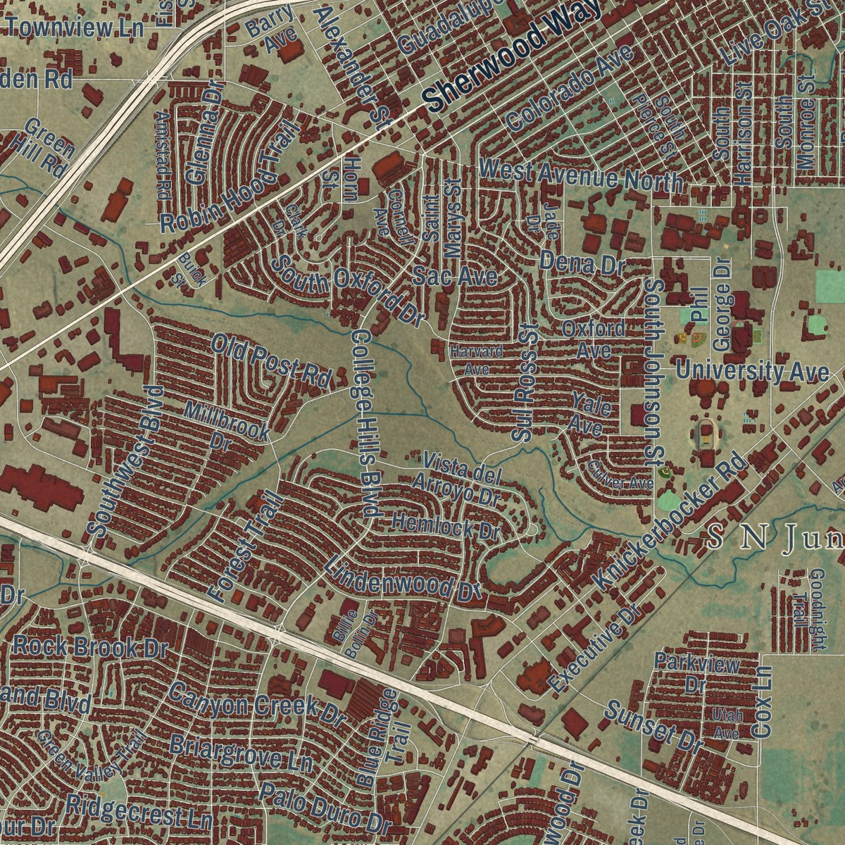 Second close-up of the map of San Angelo, Texas print showing more streets and buildings