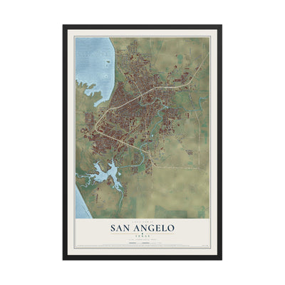 Map of San Angelo, Texas, 12 x 18 inch print in a black wood frame