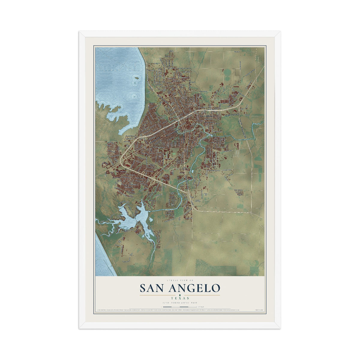 Map of San Angelo, Texas, 12 x 18 inch print in a white wood frame