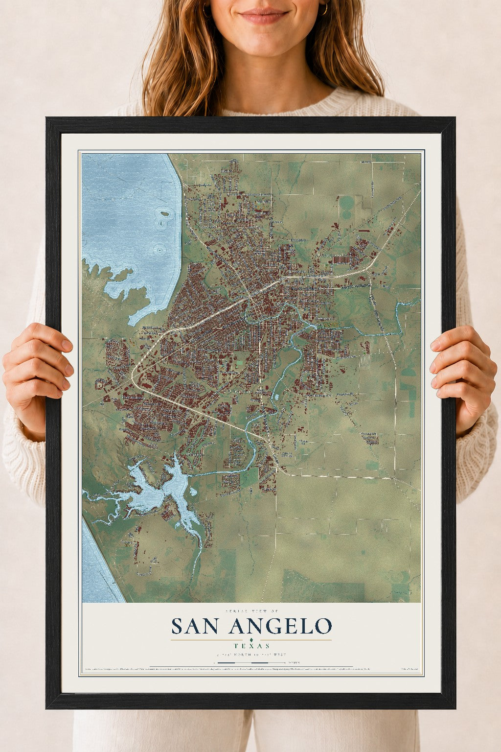 Map of San Angelo, Texas, 18 x 24 inch print in a black wood frame