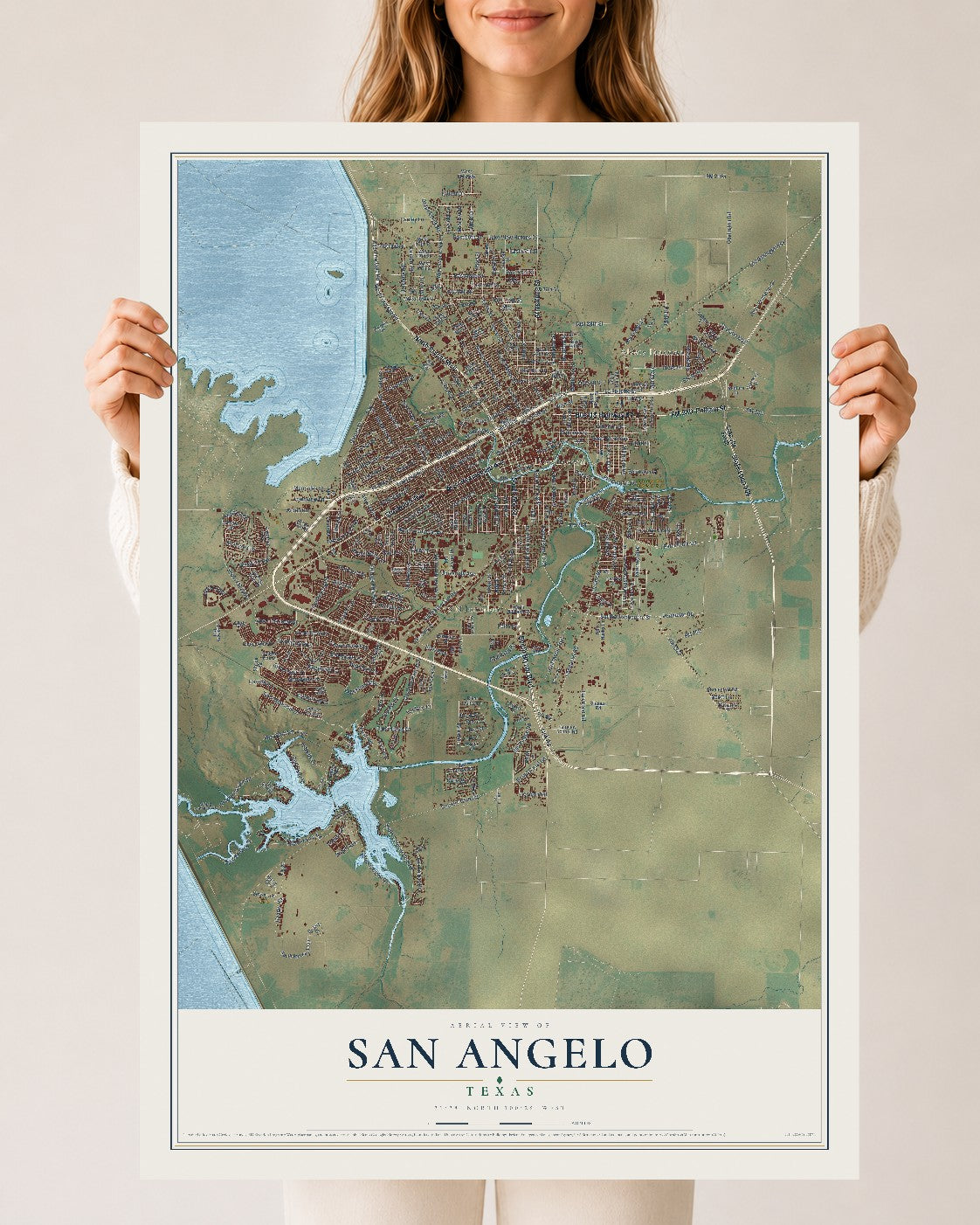 Map of San Angelo, Texas, 24 x 36 inch unframed archival matte print