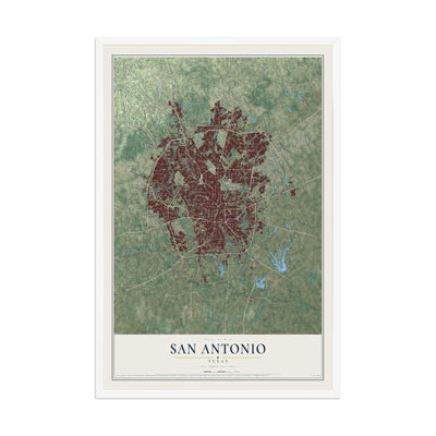 Map of San Antonio, Texas, 12 x 18 inch print in a white wood frame