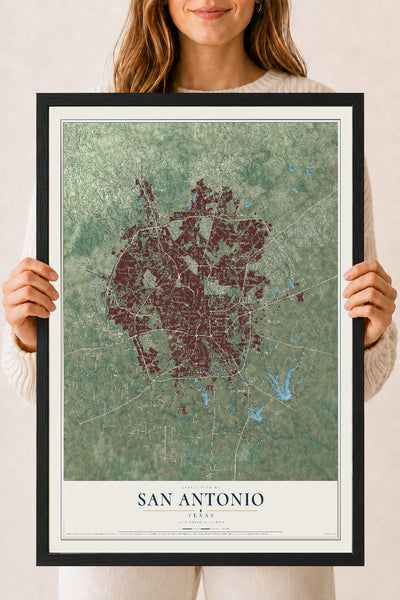 Map of San Antonio, Texas, 18 x 24 inch print in a black wood frame