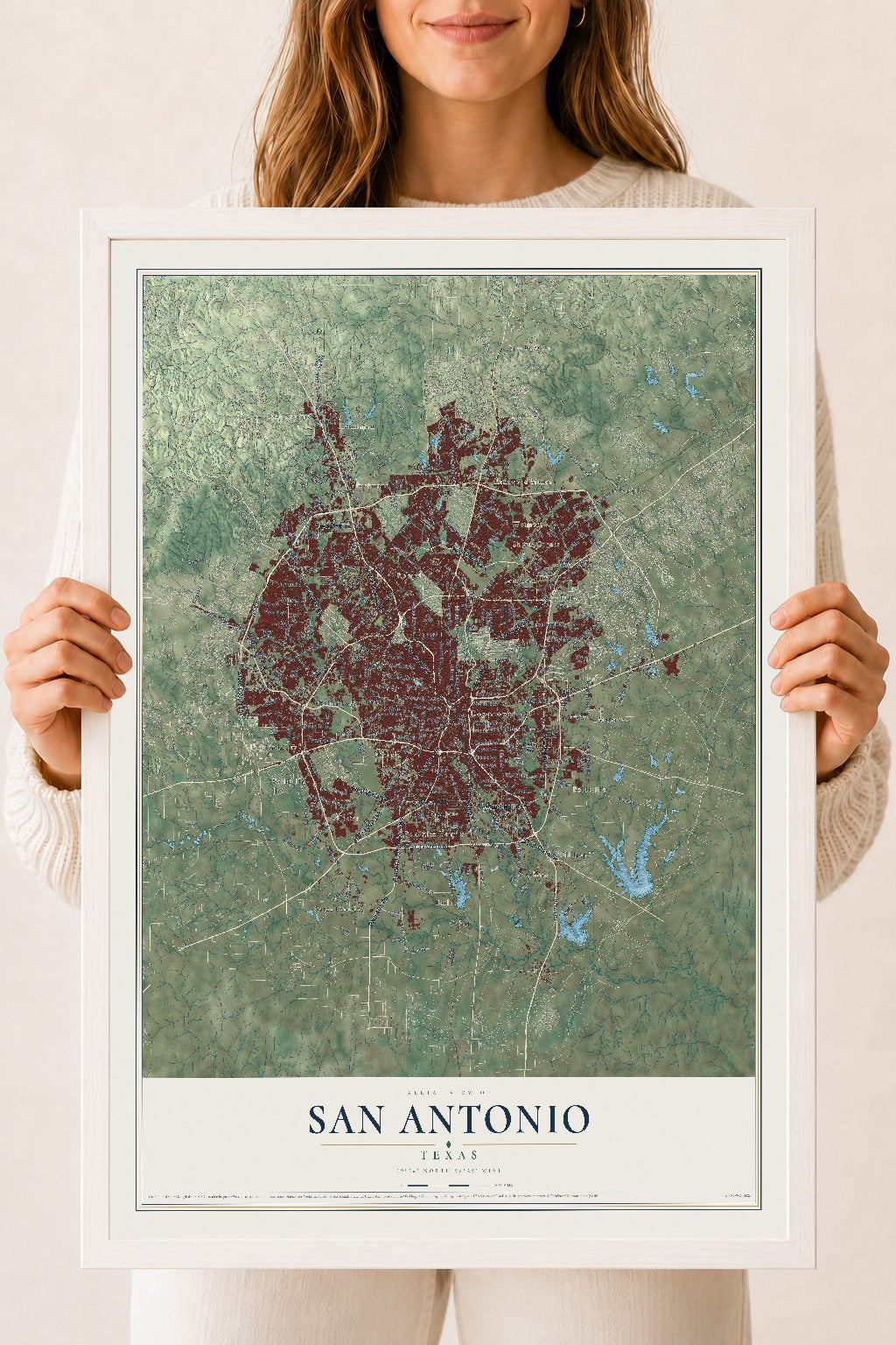 Map of San Antonio, Texas, 18 x 24 inch print in a white wood frame