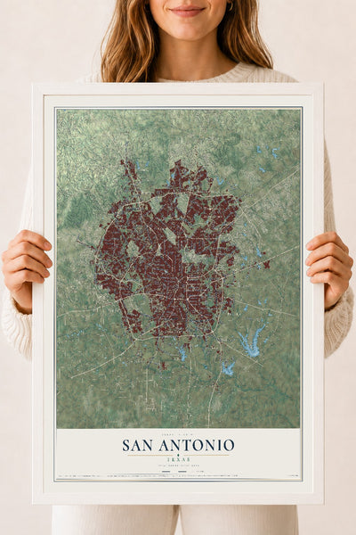 Map of San Antonio, Texas, 18 x 24 inch print in a white wood frame