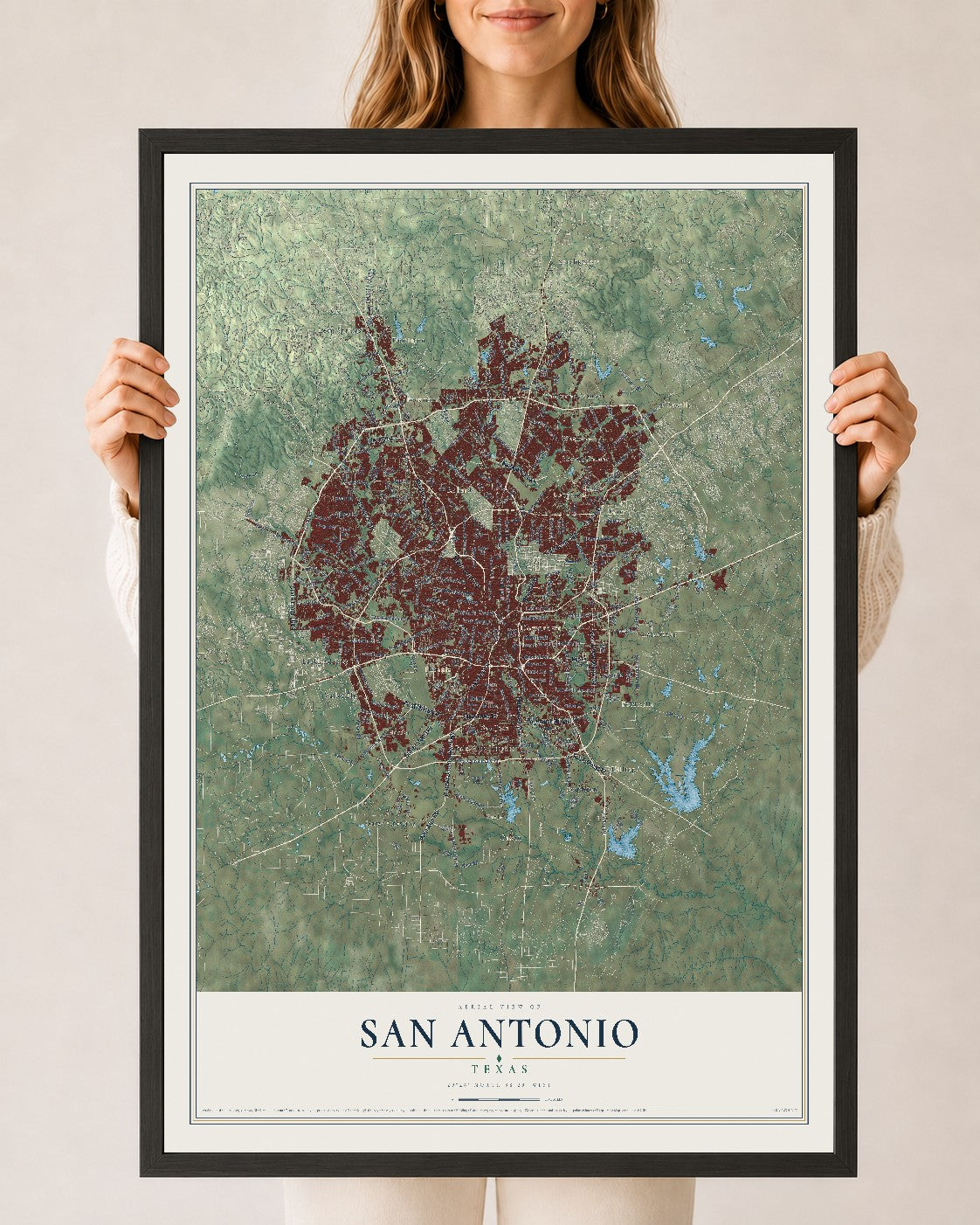 Map of San Antonio, Texas, 24 x 36 inch print in a black wood frame