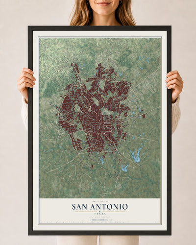 Map of San Antonio, Texas, 24 x 36 inch print in a black wood frame