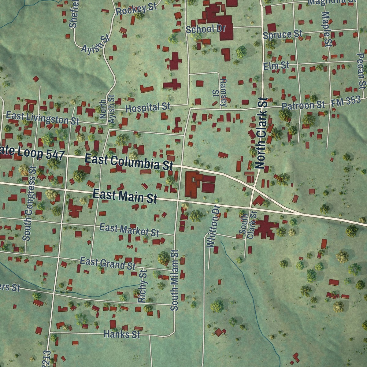 Close-up of the map of San Augustine, Texas print showing street and building detail