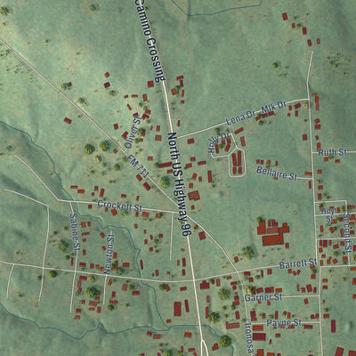 Second close-up of the map of San Augustine, Texas print showing more streets and buildings