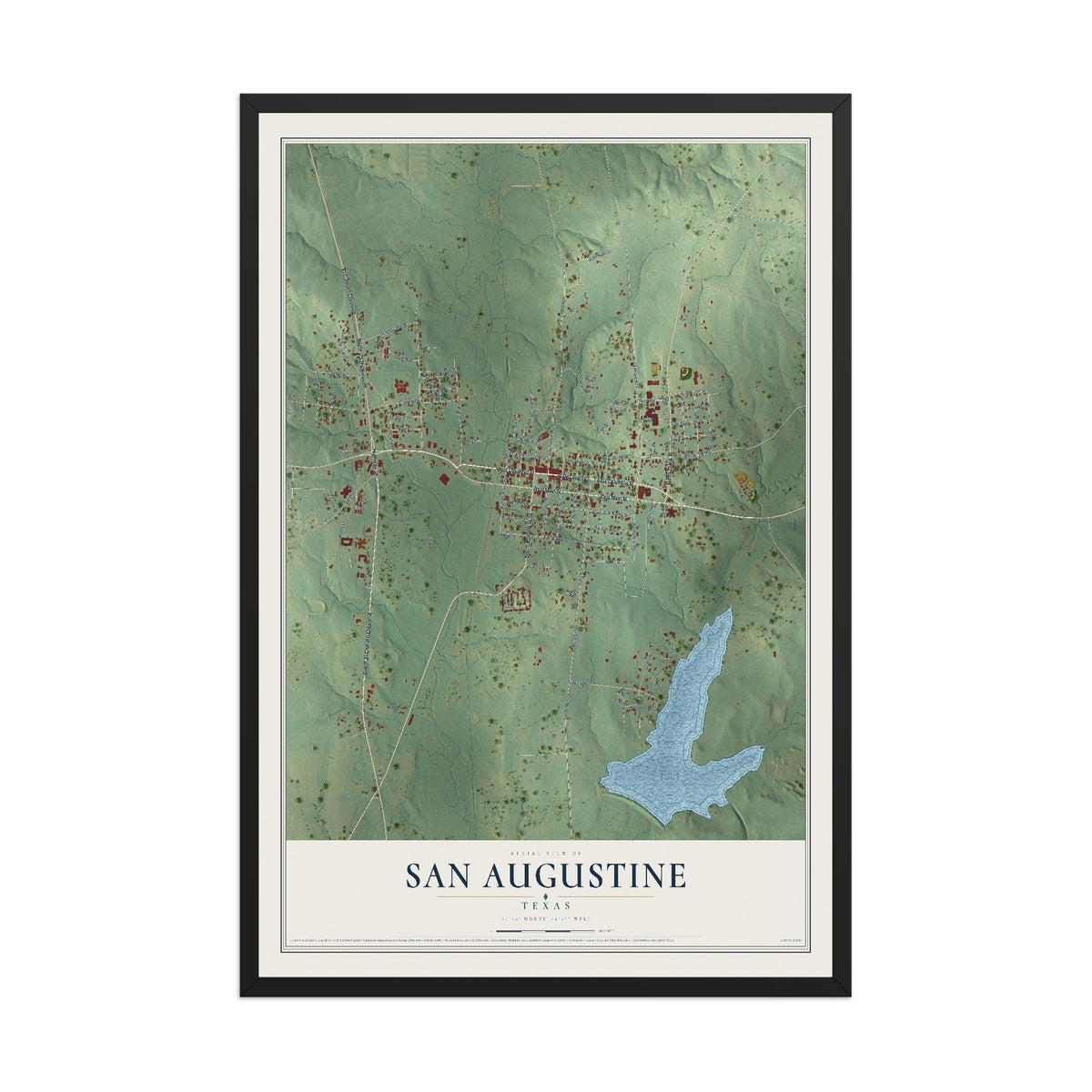 Map of San Augustine, Texas, 12 x 18 inch print in a black wood frame