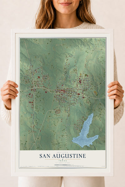 Map of San Augustine, Texas, 18 x 24 inch print in a white wood frame